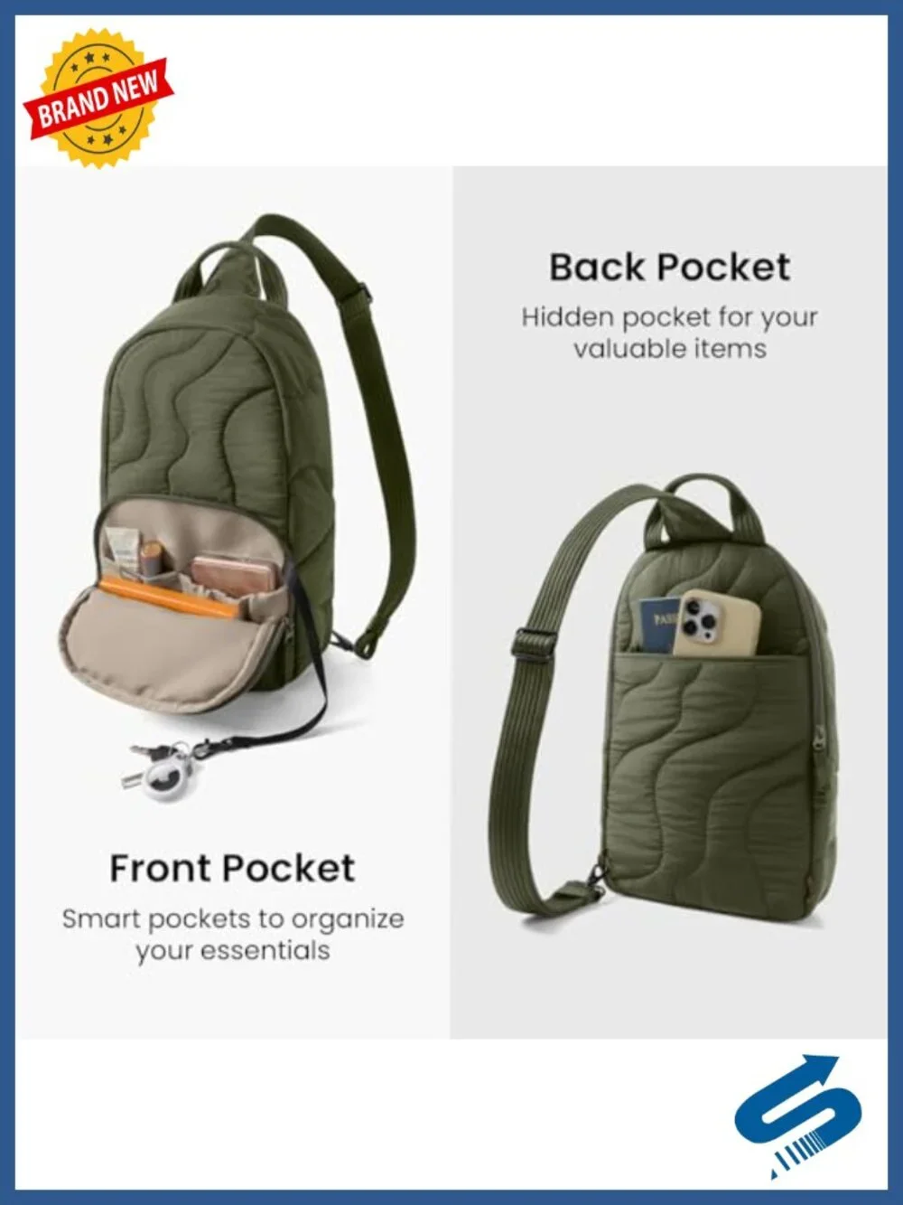 Puffy Sling Backpack with Laptop Compartment, Quilted Crossbody Travel Daypack